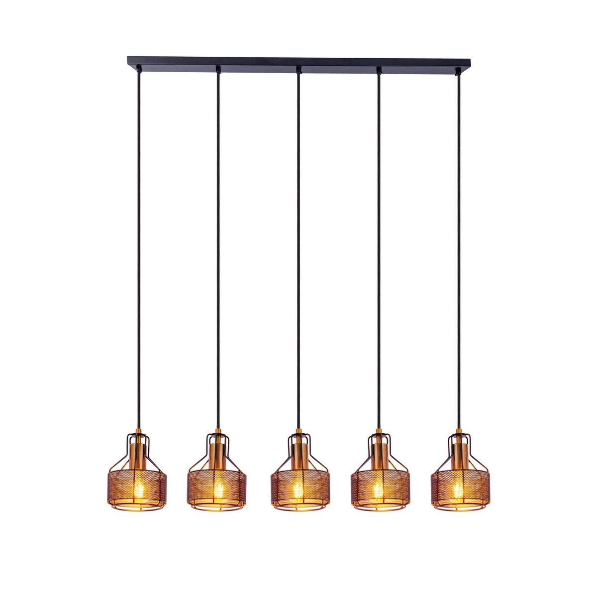 5er Pendelleuchte "FORO" Retro Pendellampe aus Metall in Schwarz, und Gold mit E27-Fassungen, 96 cm lang. Stilvolle Beleuchtung für Wohnzimmer, Esszimmer oder Küche.
