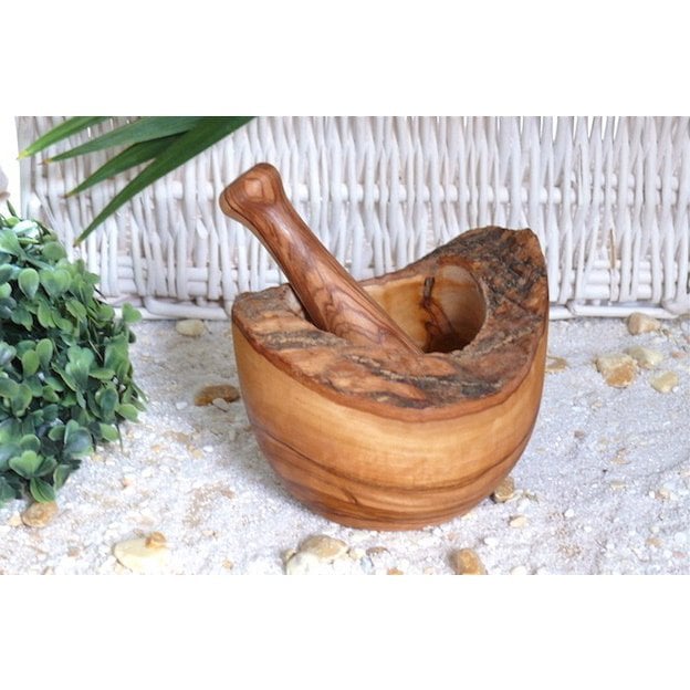 Mortar rustic Ã˜ 12 cm incl. pestle made of olive wood