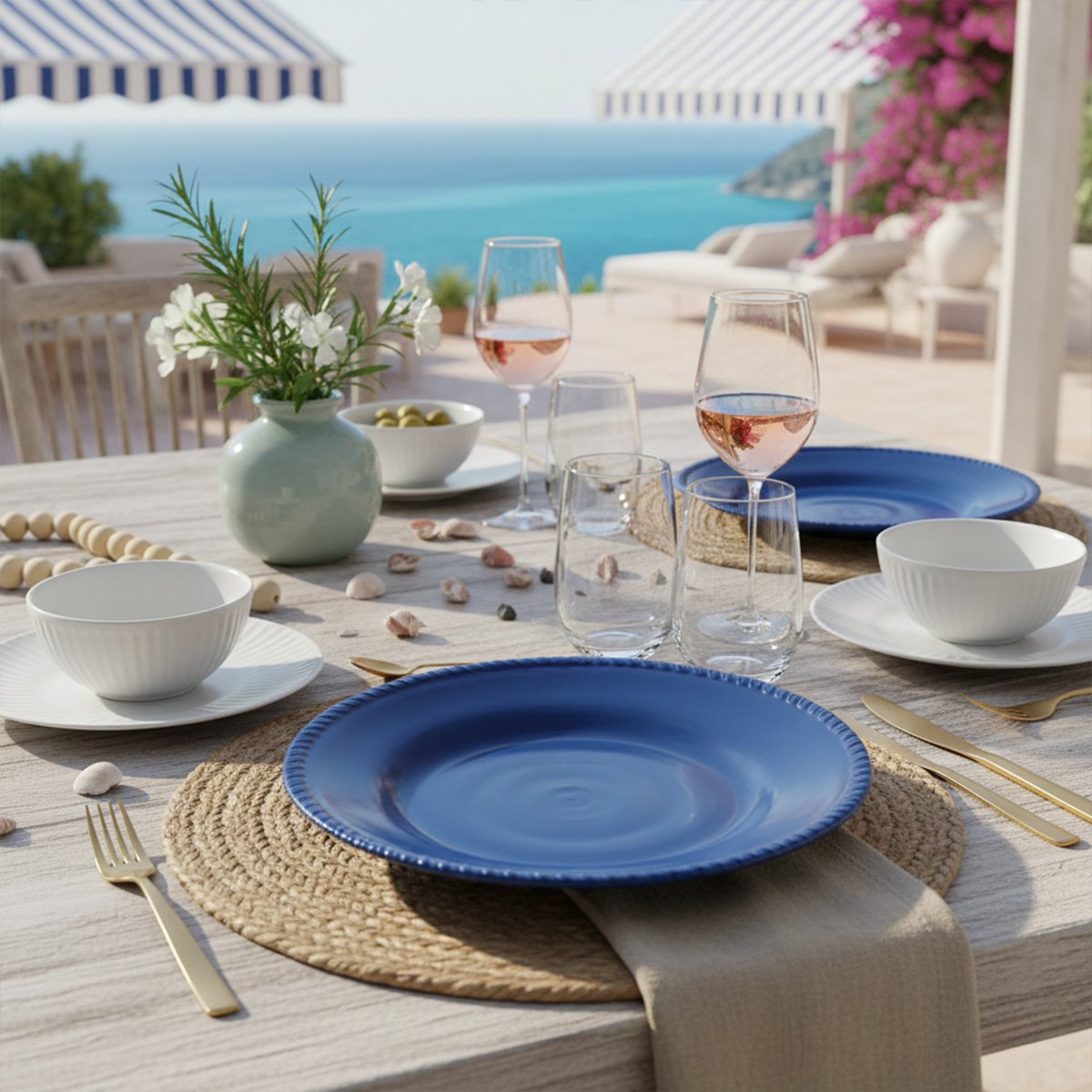 Blue melamine dinner plate with rope edge 28x28x2.5cm