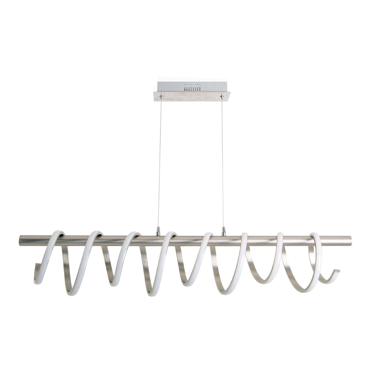 LED-pendellampa "Belleza", modern pendellampa i metall och plast i matt nickel och vitt, med fasta inbyggda LED-lampor, 100 cm lång. Den perfekta belysningen för vardagsrum, matsal eller kök.