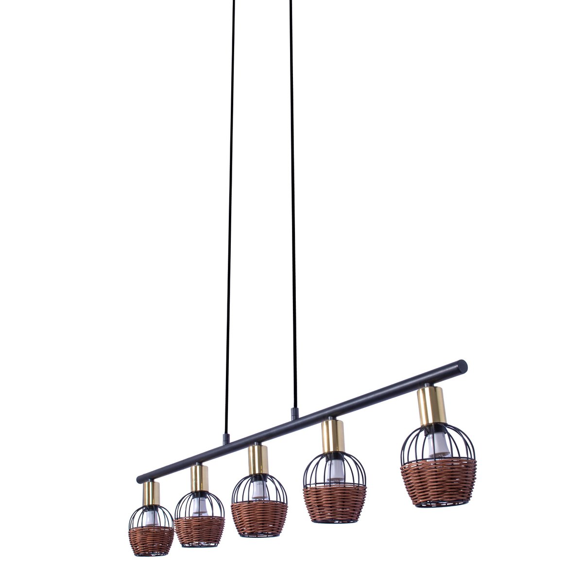 5er Pendelleuchte "CORBIS", Hängelampe aus Metall in Schwarz, mit Gold und Rattan, mit E14-Fassung, für Esszimmer, Wohnzimmer, Diele oder Büro, 100 cm lang