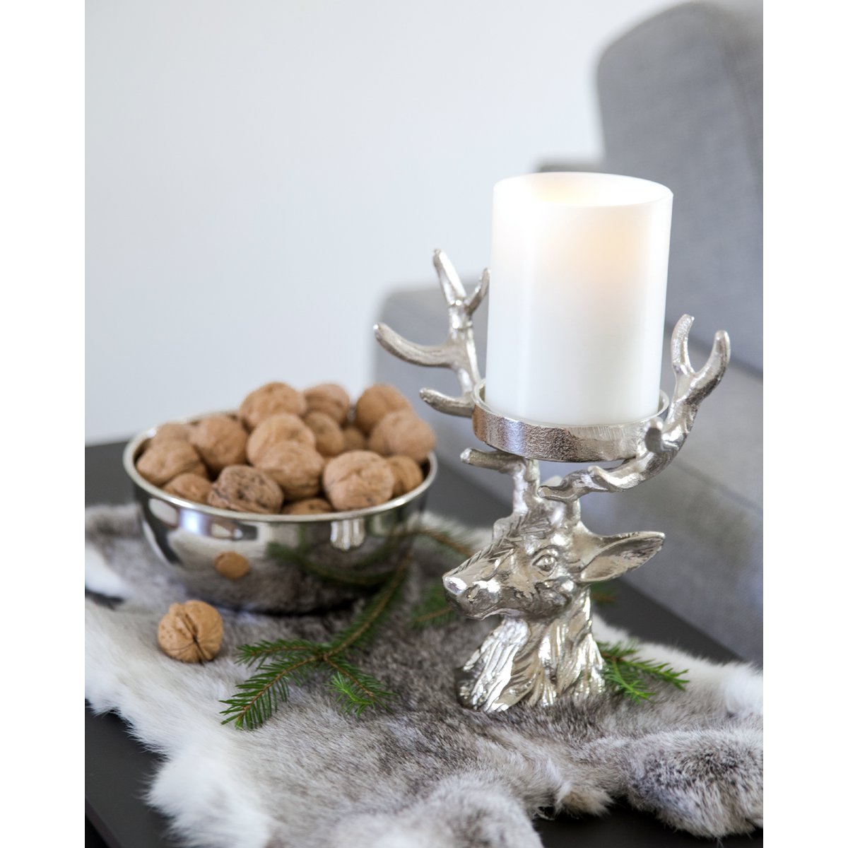 EDZARD candlestick deer, nickel-plated aluminum, height 20 cm, for pillar candle ø 6 cm