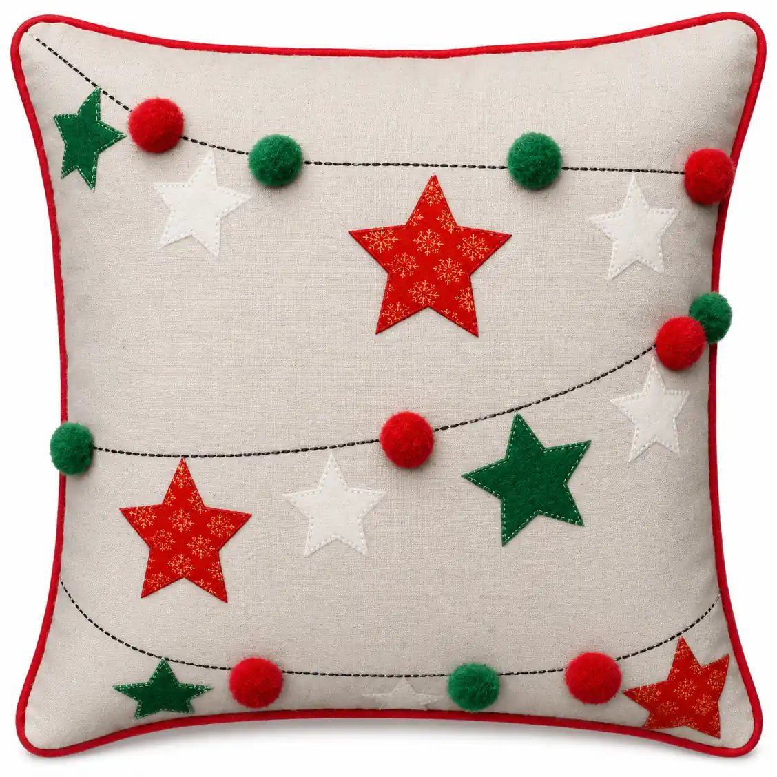 Multicolour Stars with Pompons – Cushion Cover / Kussenhoes – Christmas 45×45 cm – Urbane Hide