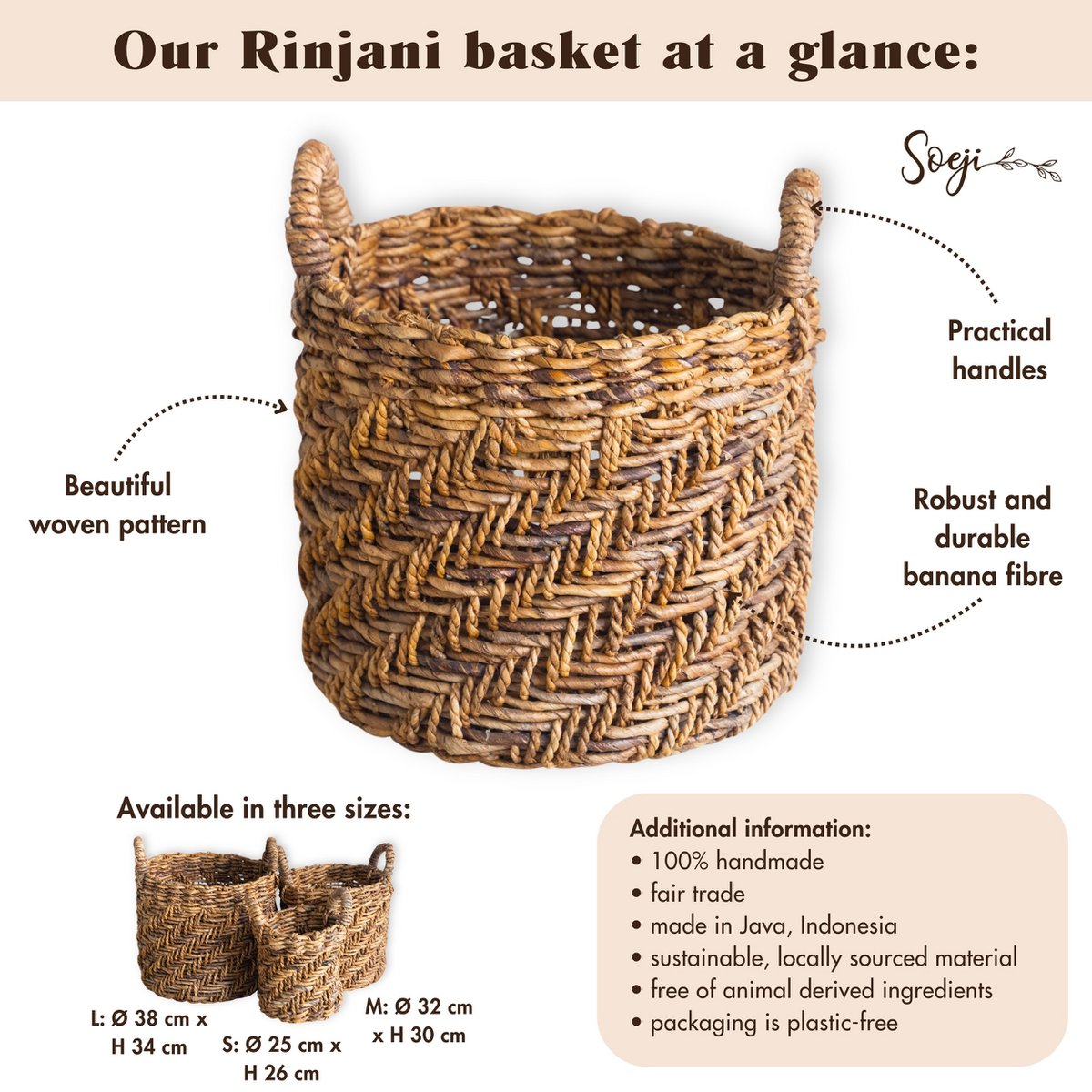 Boho Laundry or Plant Basket – Round Woven Storage Basket – Decorative Basket Made of Banana Fibre (3 sizes Ø 25/32/38 cm) RINJANI