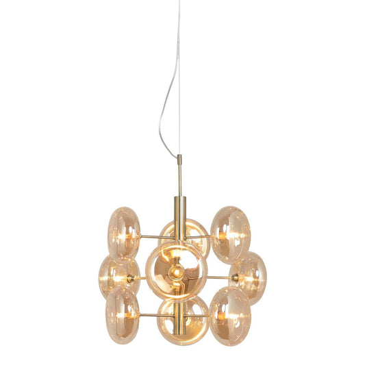 Pendellampa "ORION" Ø ca 53 cm, i mässingsfärgad metall och bärnstensfärgat glas, G9-sockel, belysning för vardagsrum, matsal eller kontor.