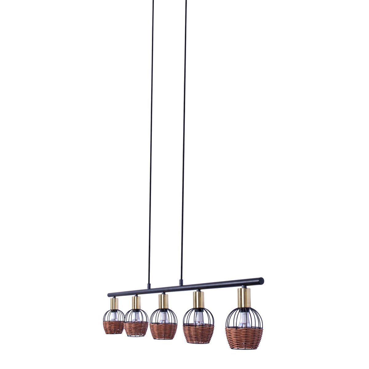 5er Pendelleuchte "CORBIS", Hängelampe aus Metall in Schwarz, mit Gold und Rattan, mit E14-Fassung, für Esszimmer, Wohnzimmer, Diele oder Büro, 100 cm lang