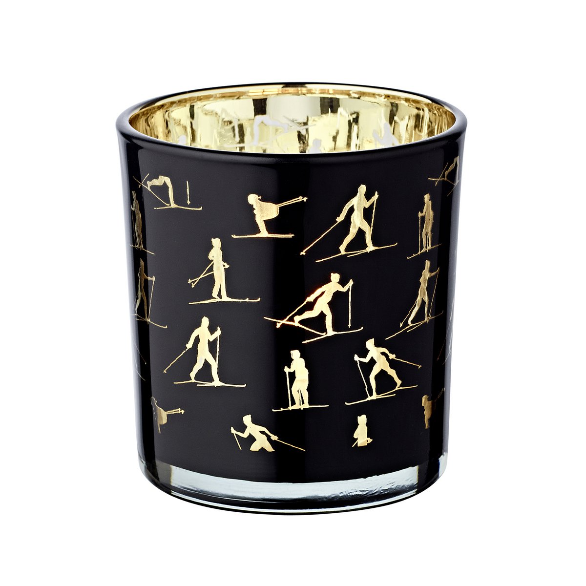 Set of 2 tea light glasses Monty (height 8 cm, ø 7.5 cm), lantern with skiing motif, gold / black