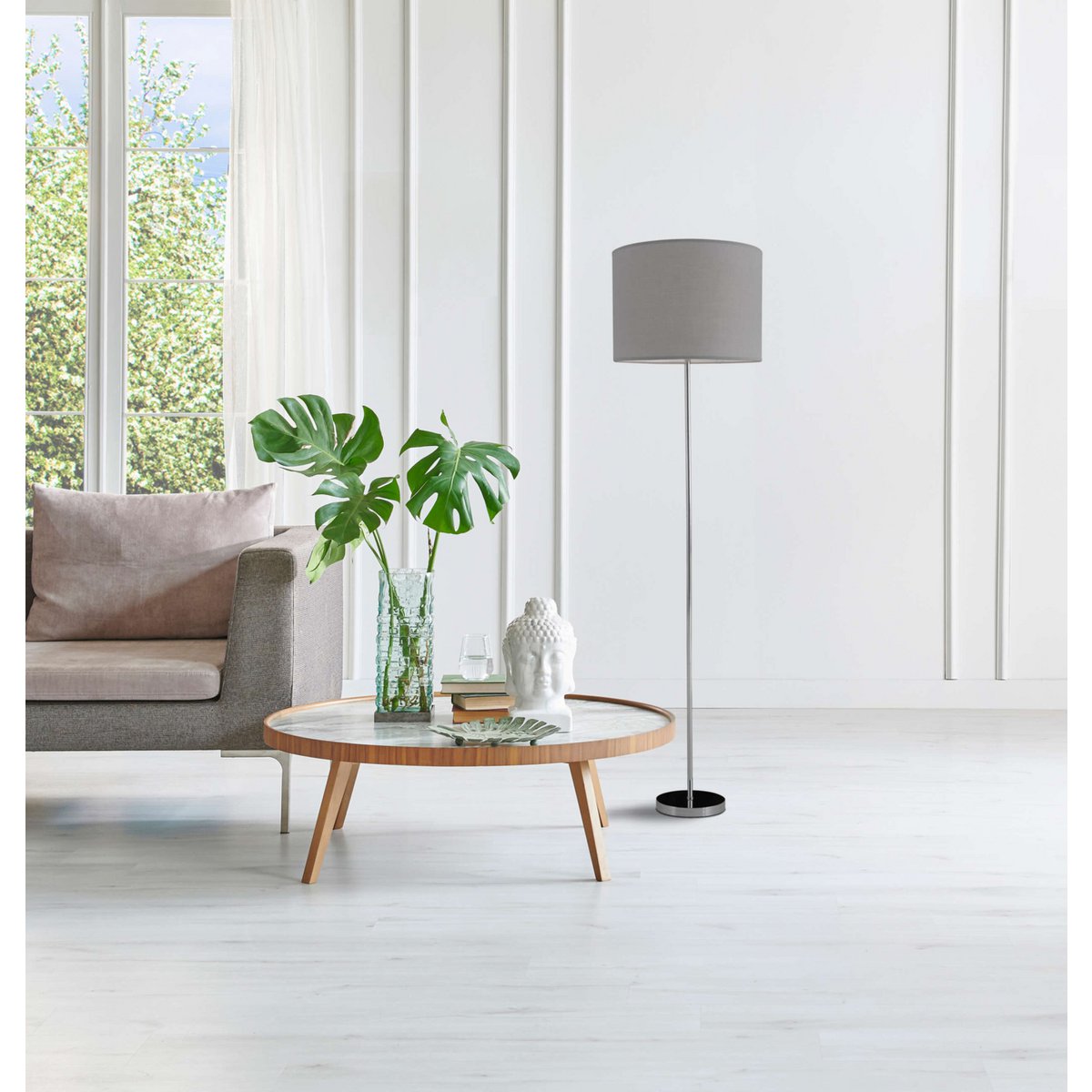 Golvlampa "New York", klassisk golvlampa i metall med textspridare i grått, med E27-sockel, 160 cm hög, perfekt för vardagsrum, matsal, hall och kontor