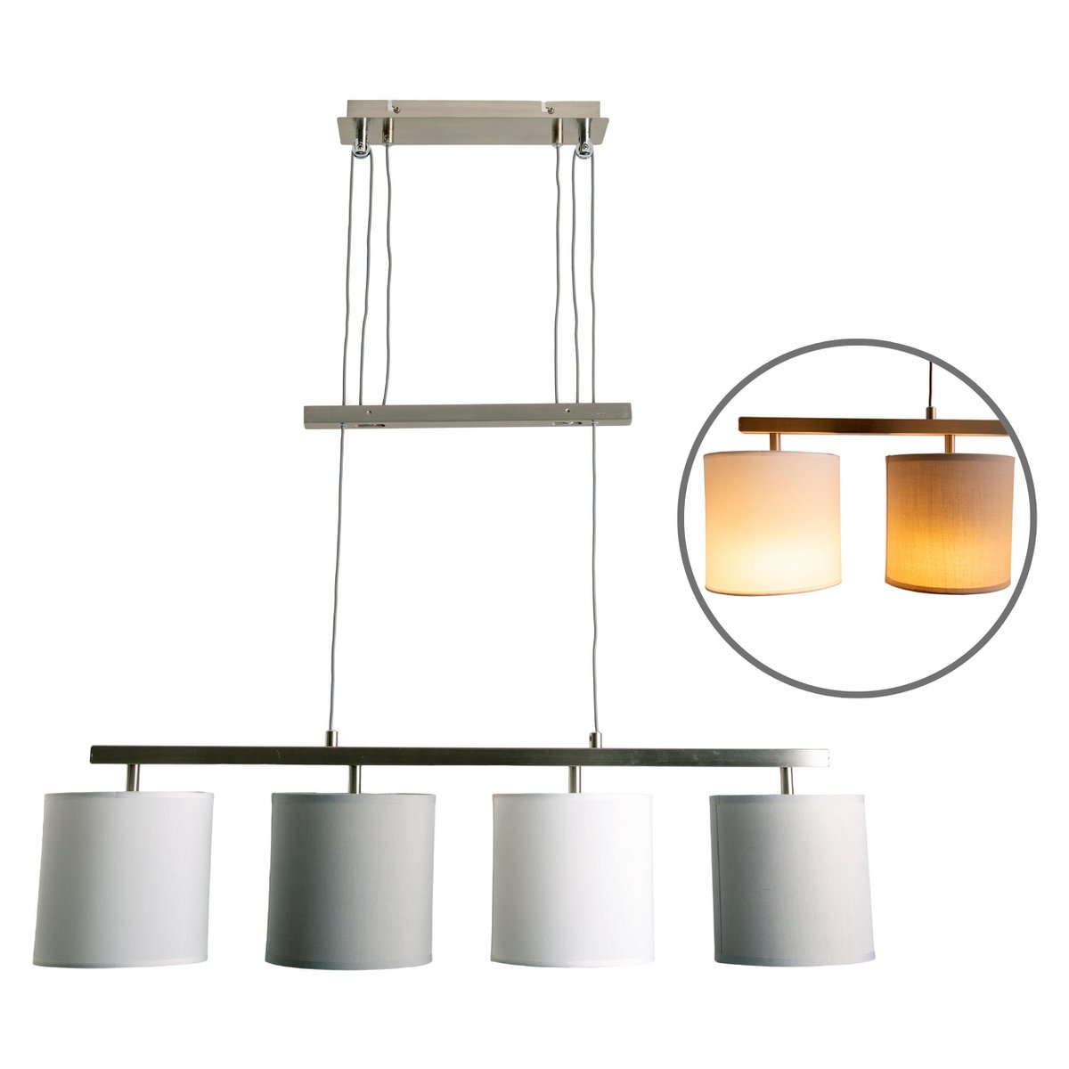 4 pendant lamp "Tilde", classic metal pendulum lamp and textile in gray and white, with E27 frame, height adjustable, 86 cm long, ideal as dining lamp