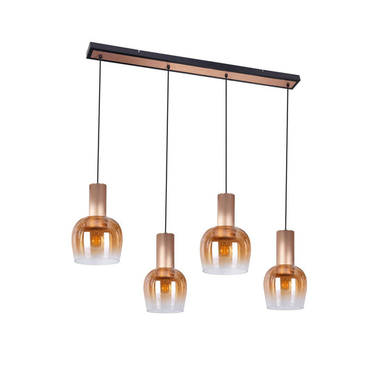 4-lampa takpendel "Funda", retropendellampa av bärnstensfärgat glas och matt borstad mässingsfärgad metall, med E27-socklar, 111 cm lång, 150 cm hög, perfekt för matsal, vardagsrum och kök.