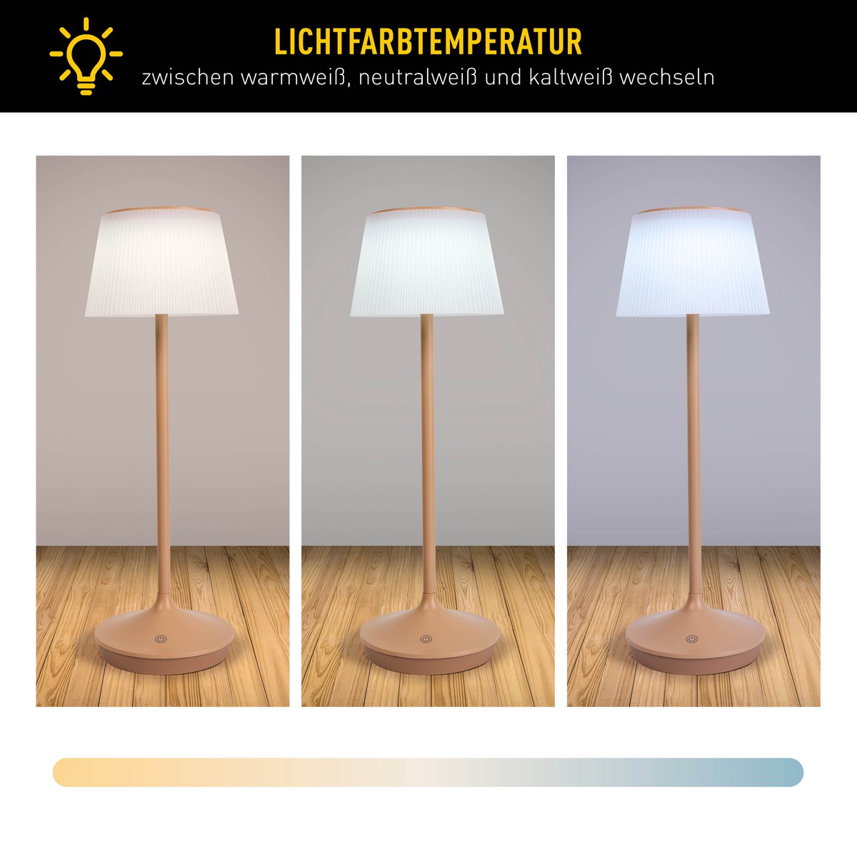 Solar battery lamp "Emmi" 38 cm high, umbrella Ø 13 cm, metal in almond and white plastic, for the outdoor area, dimmable CCT.