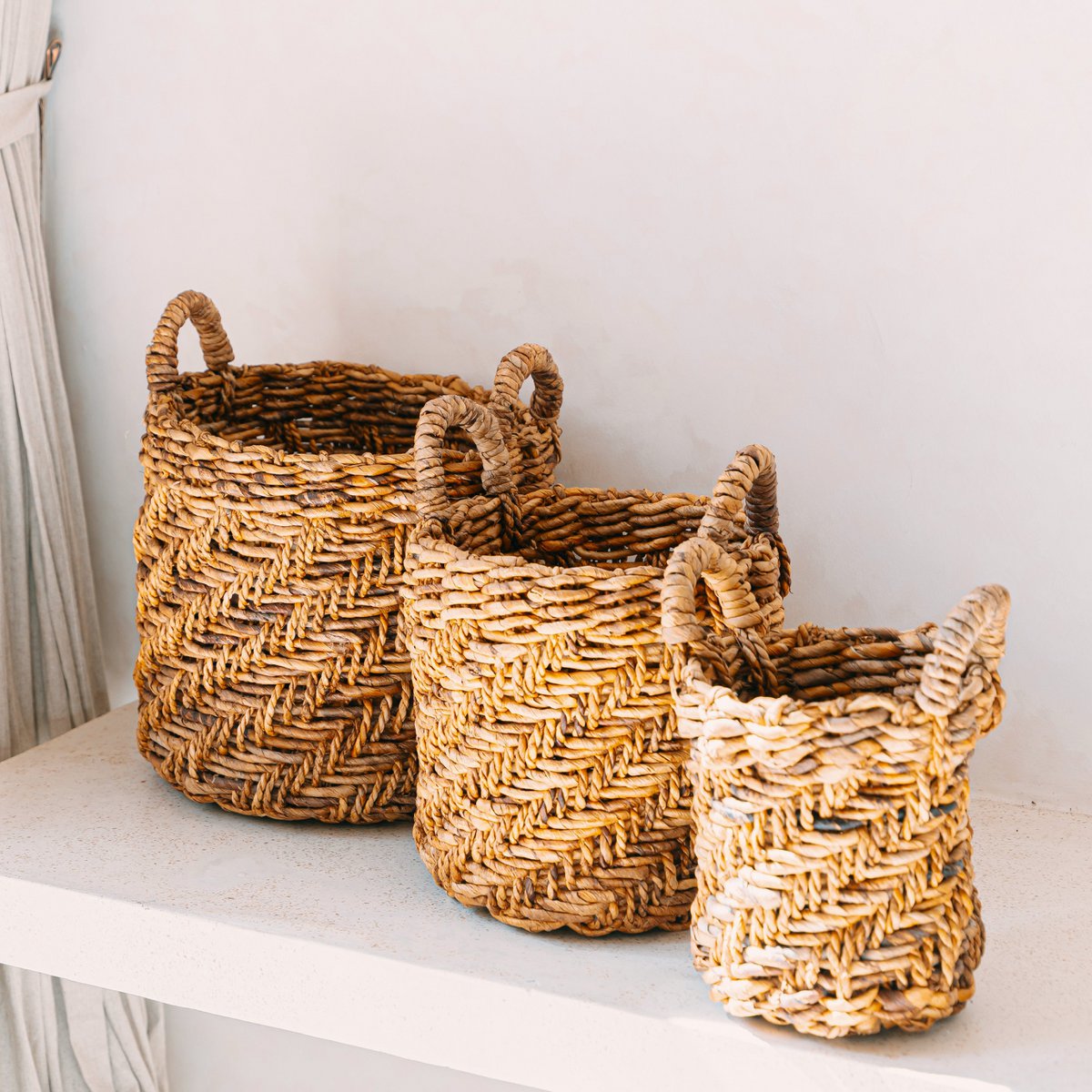 Boho Laundry or Plant Basket – Round Woven Storage Basket – Decorative Basket Made of Banana Fibre (3 sizes Ø 25/32/38 cm) RINJANI