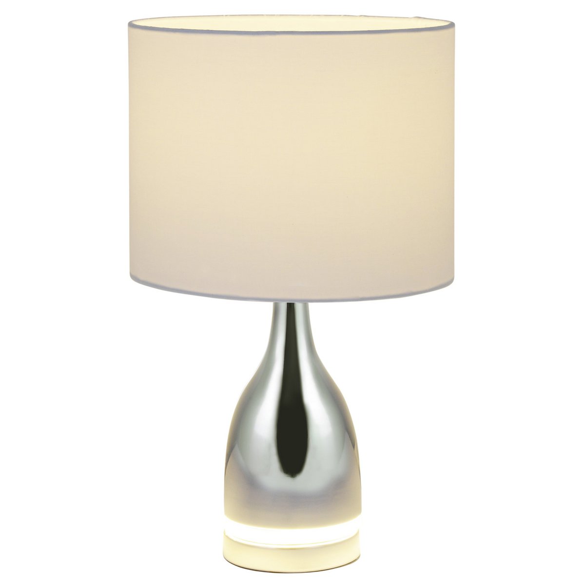 The "Cosima" LED table lamp is 43.5 cm high, umbrella Ø 25 cm, made of metal, plastic, textile material in the colors chrome and white. Both integrated LEDs in the light foot and E14 version