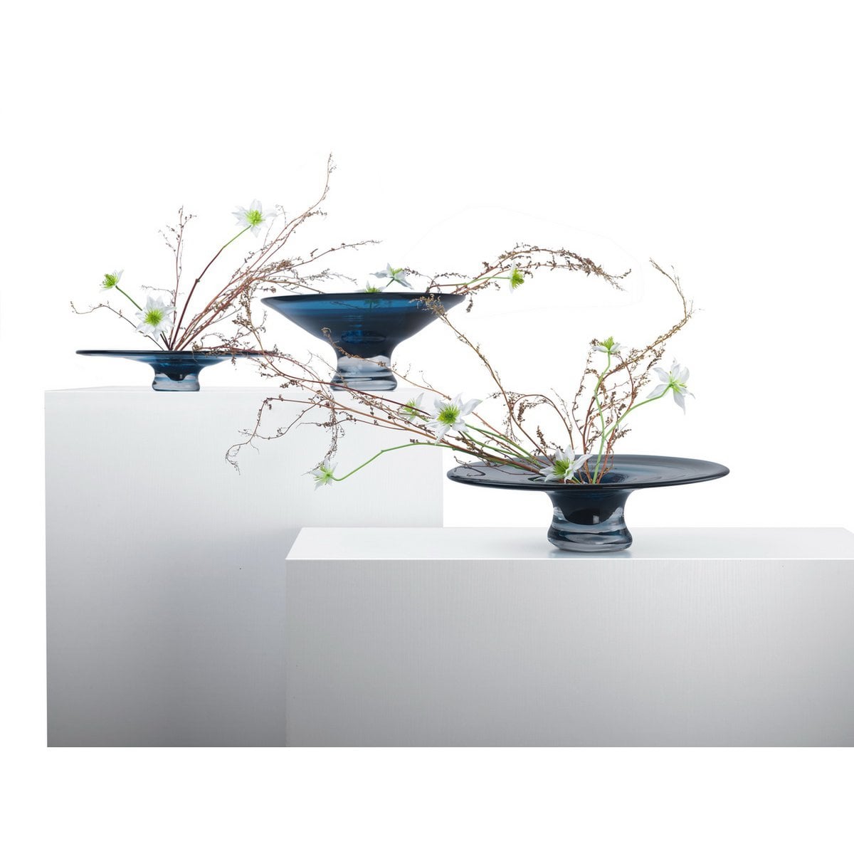round flat vase or bowl, deep blue thick glass, hand turned: ALAIN