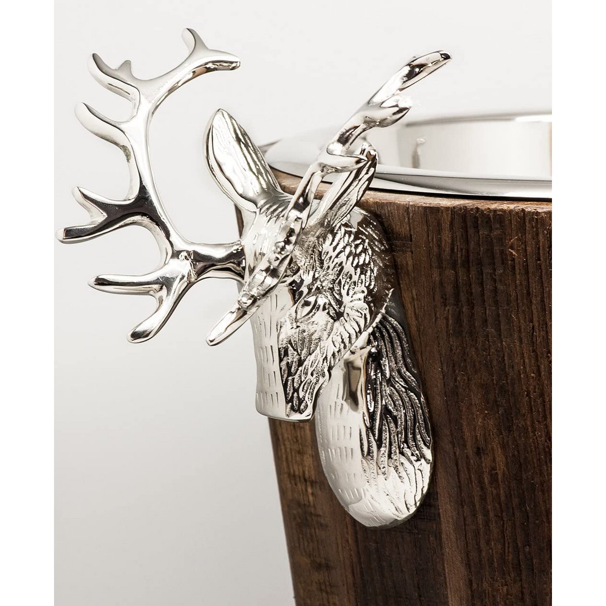 EDZARD champagne cooler Milwaukee with 2 deer heads, teak, stainless steel shiny nickel-plated, height 30 cm