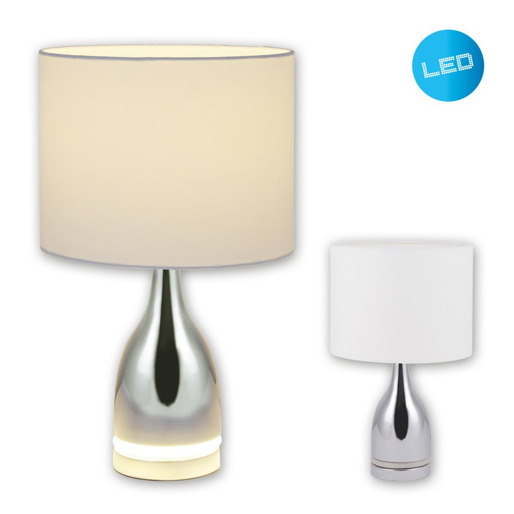 The "Cosima" LED table lamp is 43.5 cm high, umbrella Ø 25 cm, made of metal, plastic, textile material in the colors chrome and white. Both integrated LEDs in the light foot and E14 version