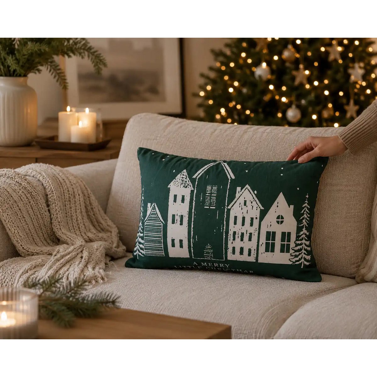 Green Winter Village – Cushion Cover / Kussenhoes – Christmas 30×50 cm – Urbane Hide