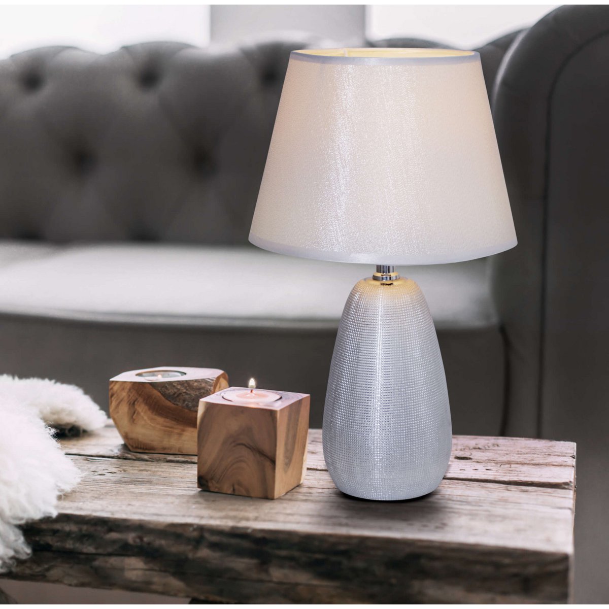 Ceramic table lamp H: 37cm "Simly Ceramics", table lamp made of ceramic, silver, with E14 socket, for dining room, living room, hallway or office, 31 cm high