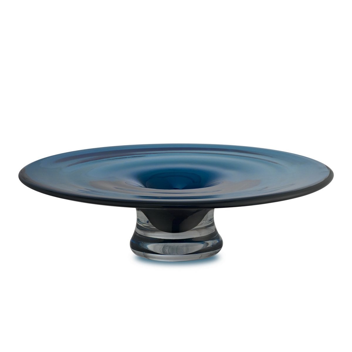round flat vase or bowl, deep blue thick glass, hand turned: ALAIN