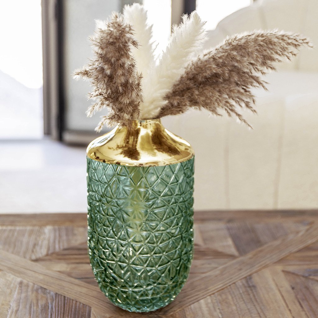 Green vase with golden edge 16 x 29 cm