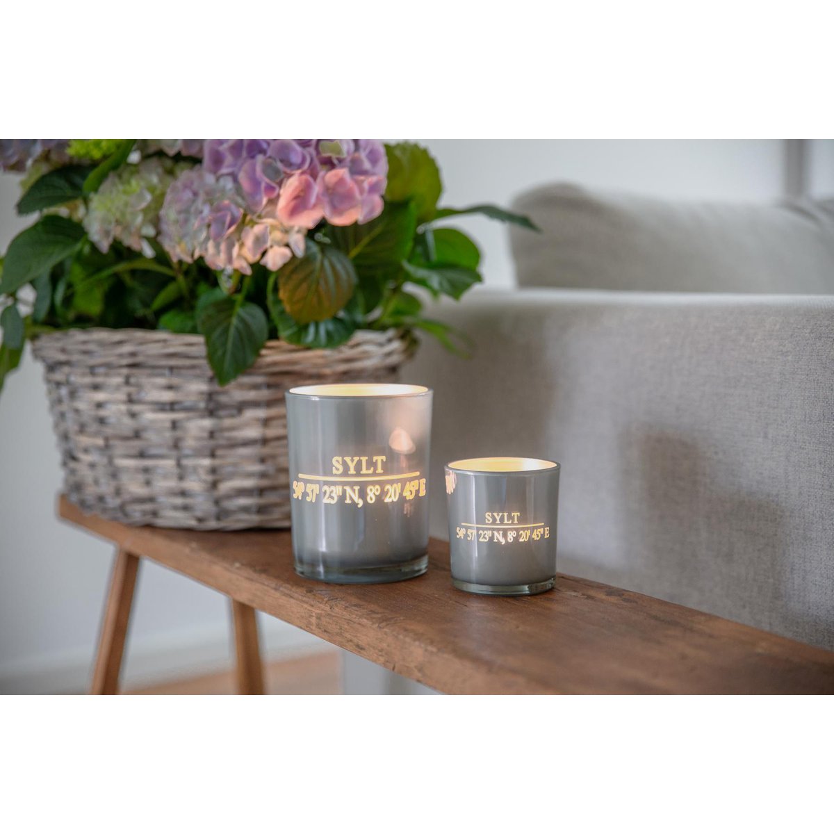 Set of 2 tea light glasses Sylt (height 8 cm, ø 7.5 cm) in grey, elegant lantern with Sylt coordinates