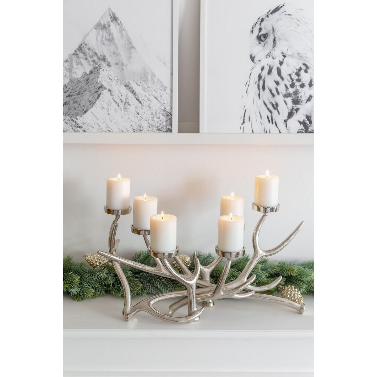 EDZARD candlestick James, antler design, aluminum nickel-plated, length 55 cm, height 27.5 cm, 6 flames