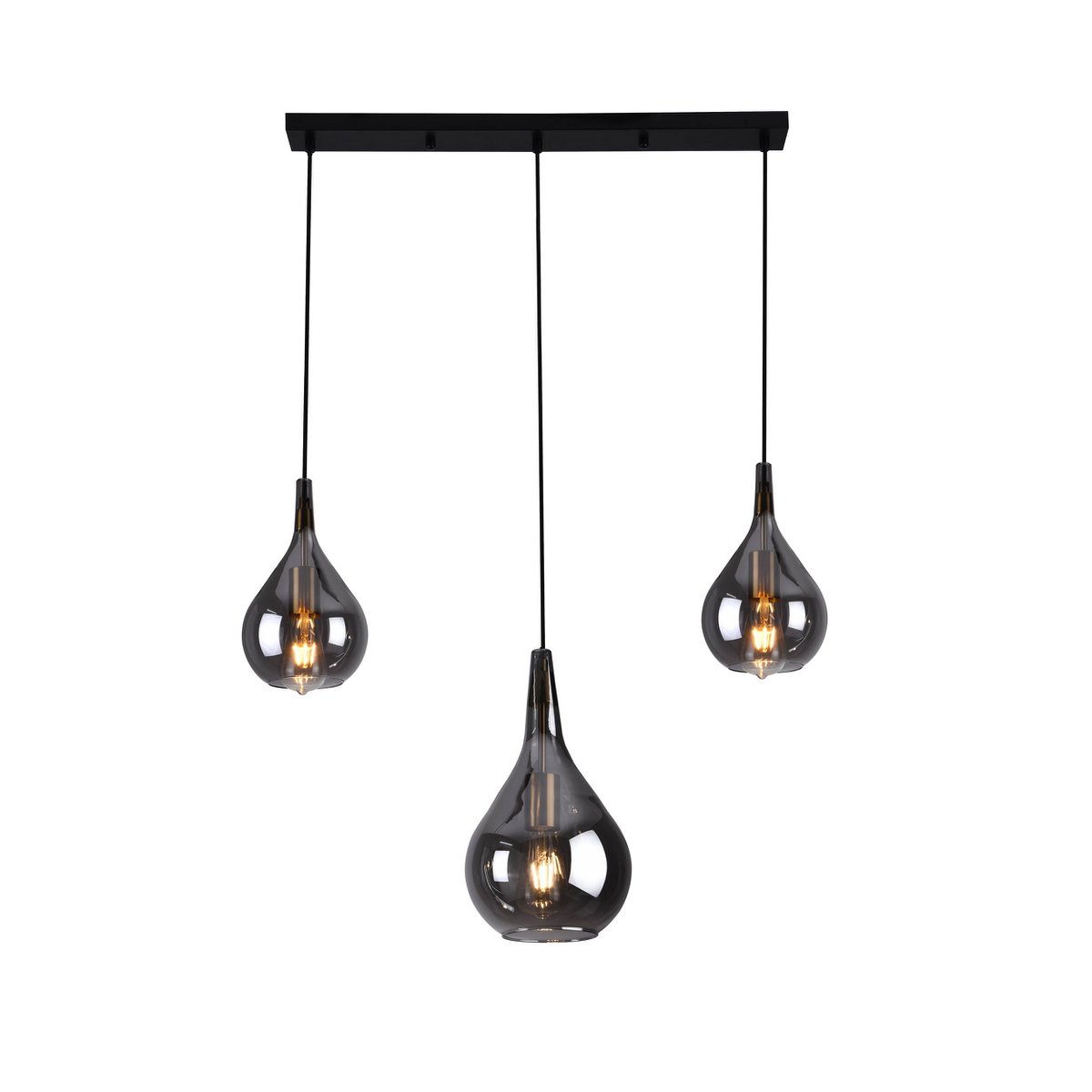 3-be pendant light "Gota", retro classic pendant lamp made of black smoke glass with E27 frames, 88 cm long, 150 high, ideal for dining room, living room and kitchen.
