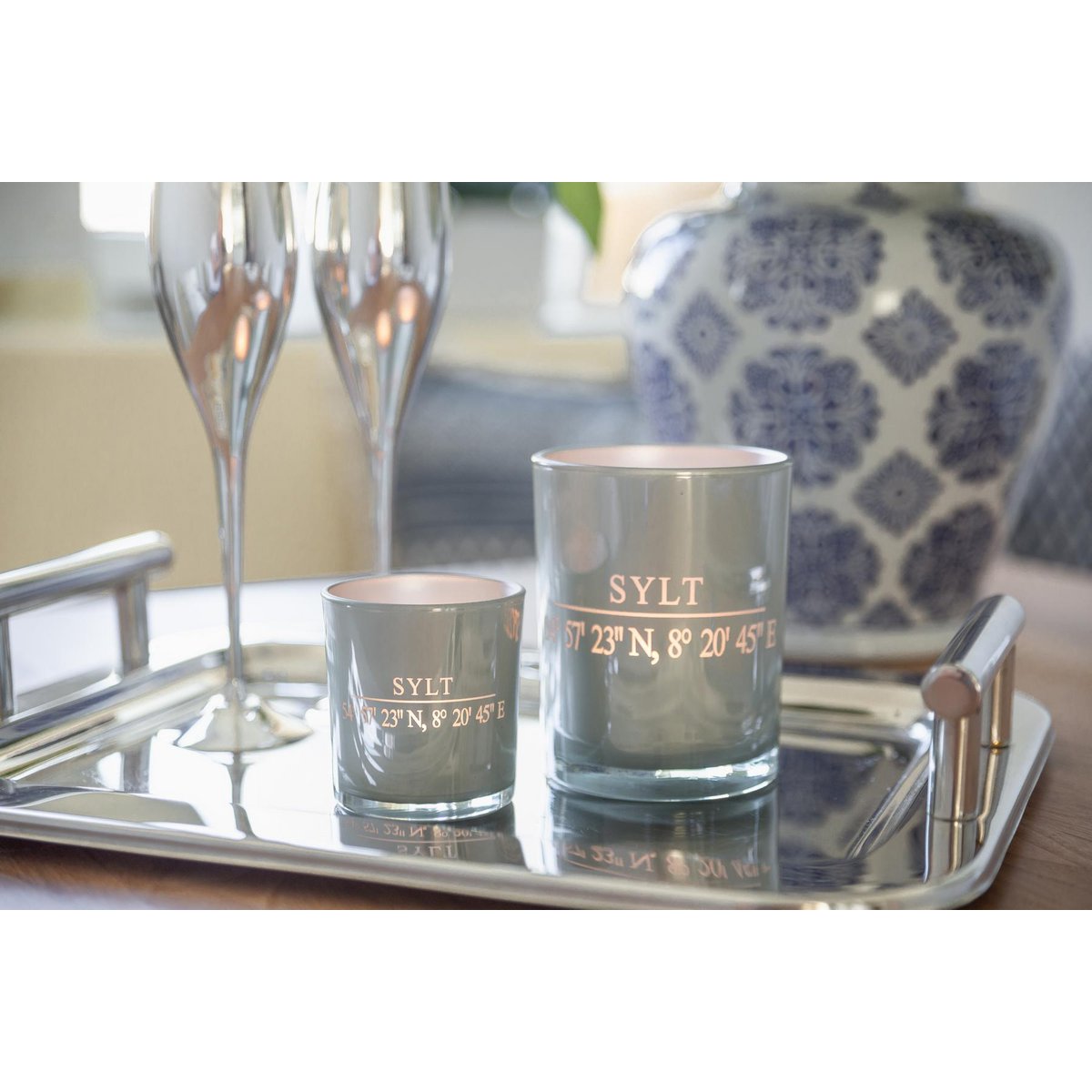 Set of 2 tea light glasses Sylt (height 8 cm, ø 7.5 cm) in grey, elegant lantern with Sylt coordinates