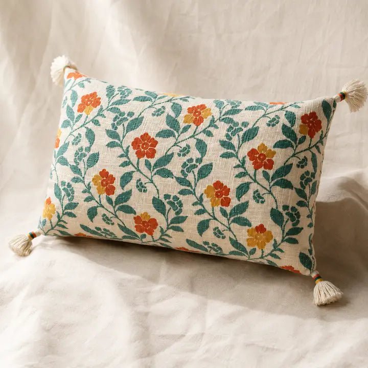 Beige Embroidered Tassel Lumbar Cushion Cover – Cotton – 35×60 cm – Urbane Hide