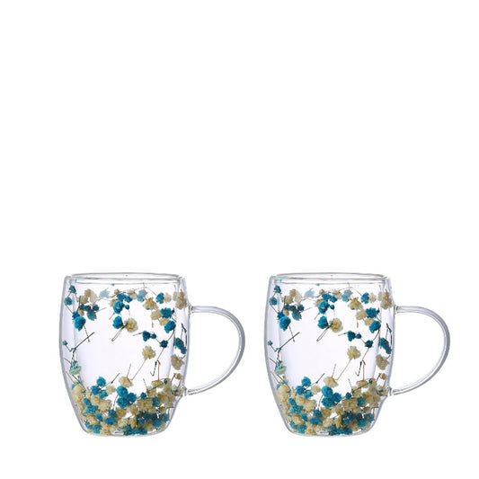 Dubbelväggiga tekoppar med blå och vita blommor 350 ml - 2-pack