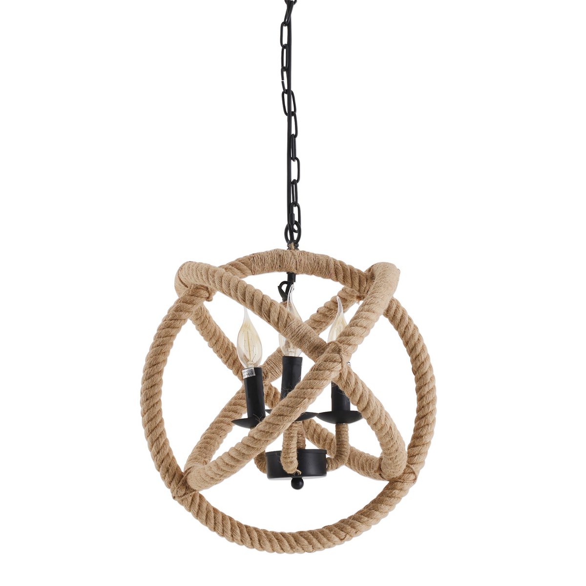 Pendant lamp "Regia", black metal, hemp rope, E27 socket, lighting for living room, dining room or office, 43 cm diameter
