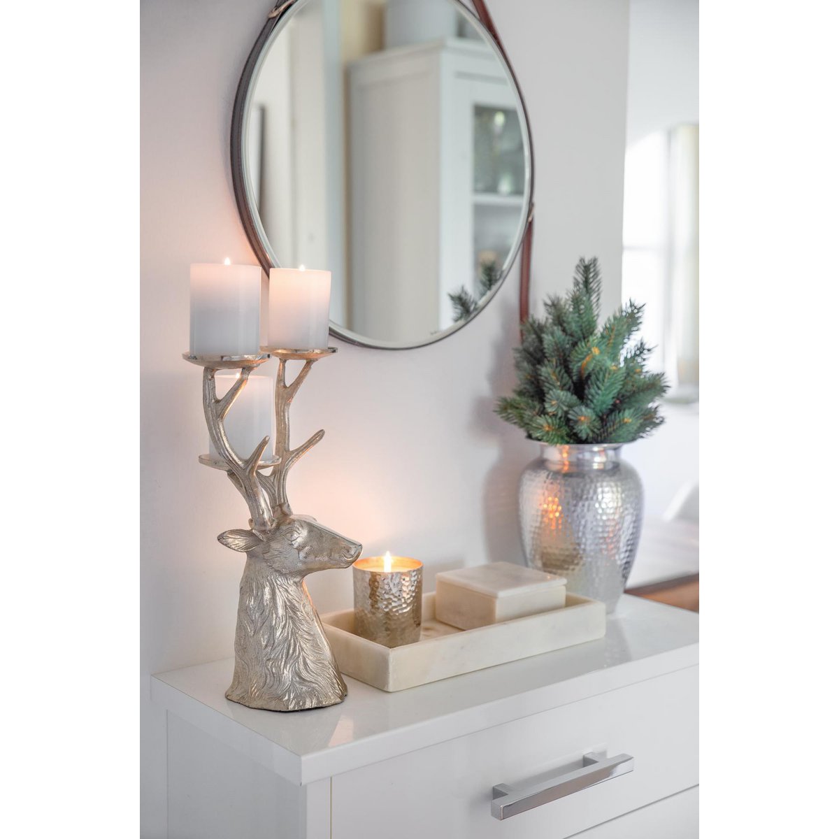 EDZARD candlestick deer, nickel-plated aluminum, height 32 cm, for 3 pillar candles, diameter 6 cm
