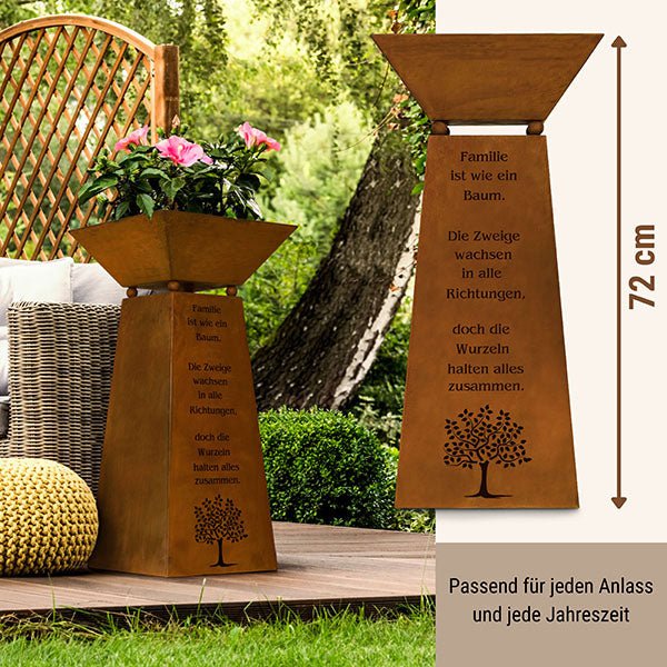 Decorative rust column with family saying and decorative bowl