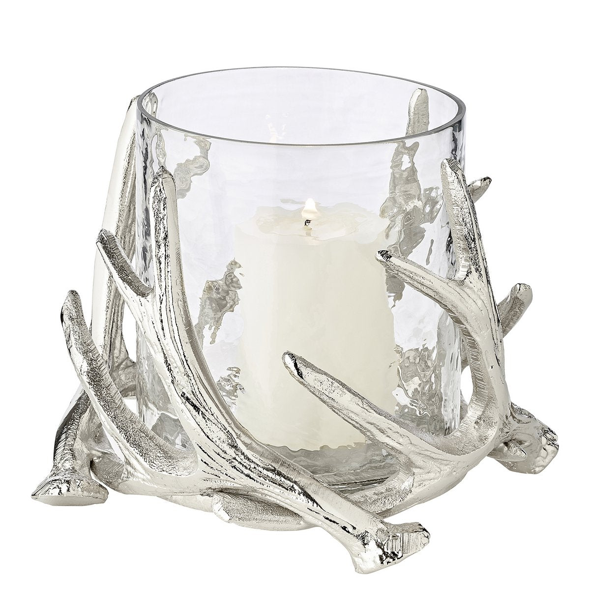 EDZARD lantern Kingston, antler design, aluminum, silver-colored, with glass, height 15 cm, ø 19 cm