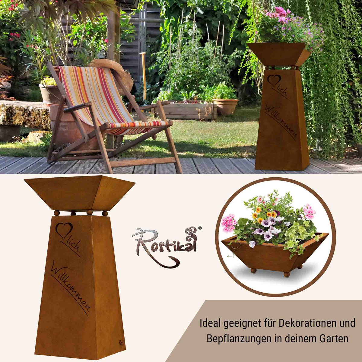 Rust decorative column warm welcome with flower bowl in patina