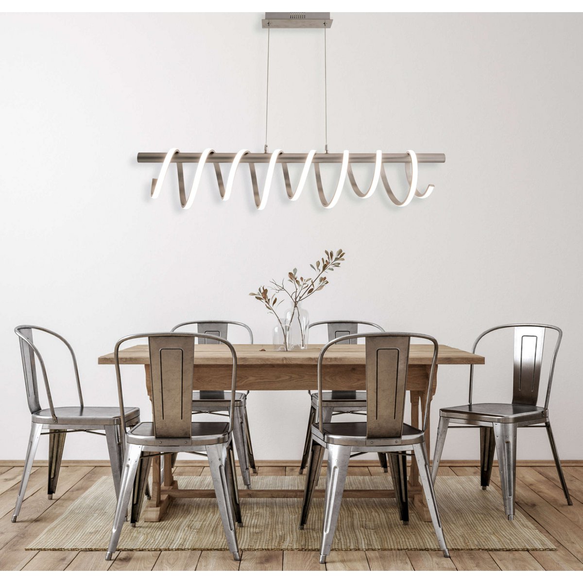 LED-pendellampa "Belleza", modern pendellampa i metall och plast i matt nickel och vitt, med fasta inbyggda LED-lampor, 100 cm lång. Den perfekta belysningen för vardagsrum, matsal eller kök.