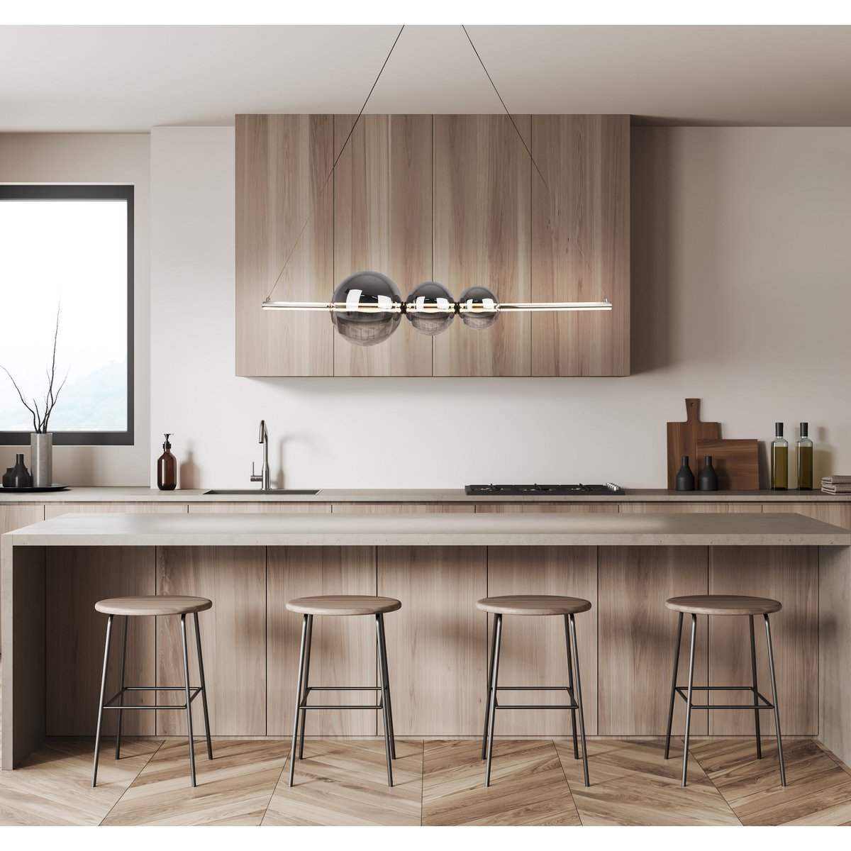 LED-pendellampa krom "Nova" av kromfärgad metall, plast och rökglas, med fast inbyggda LED-lampor, ca 105 cm lång