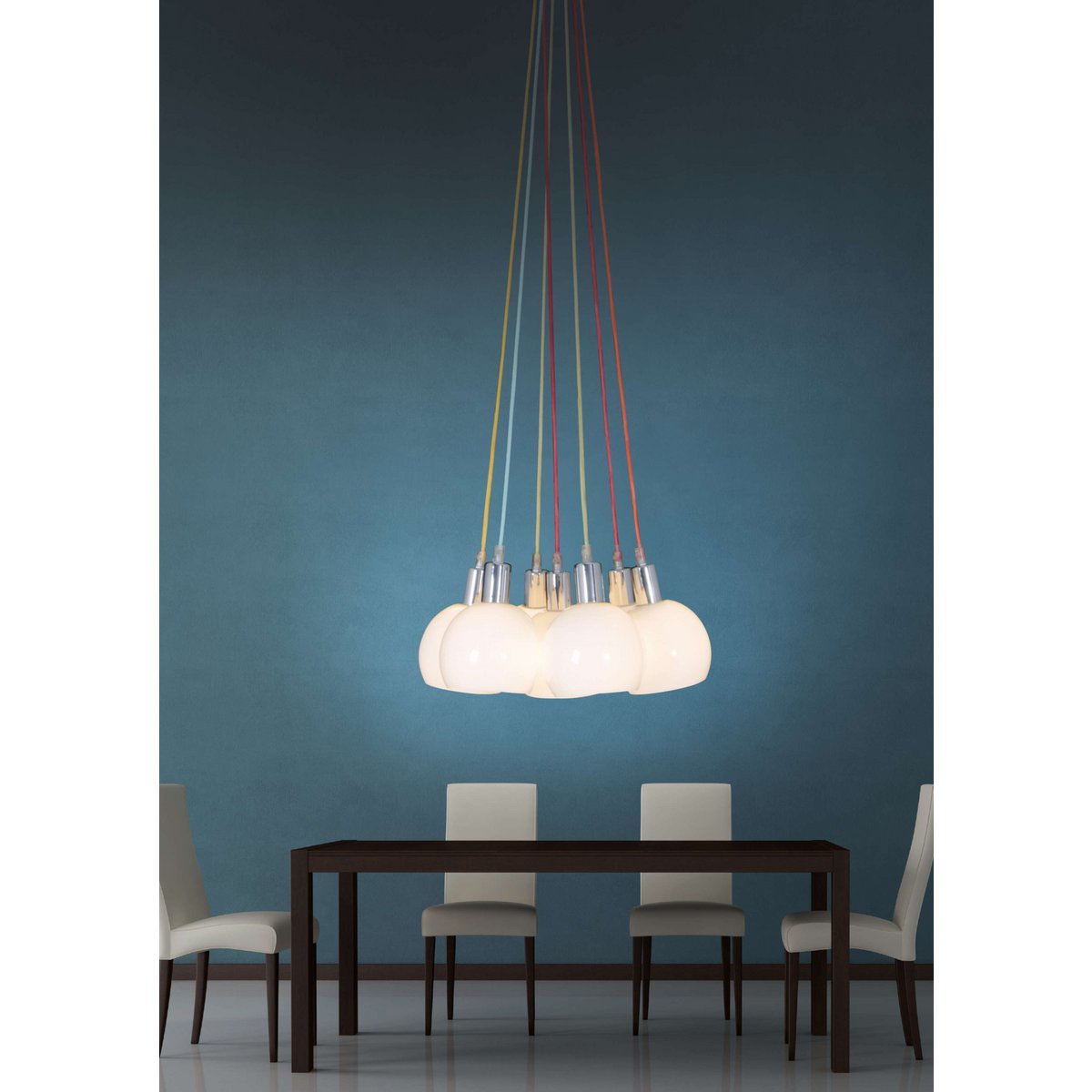 Pendant lamp "Rainbow-Bowl" a total of 120 cm high, 7 glass screens Ø 16 cm, made of chrome-colored metal, opal white glass and colorful supply, E14 versions