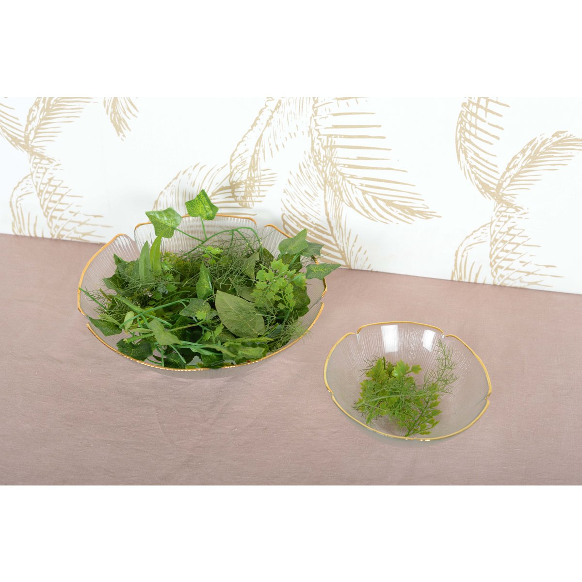 BLOMMIG GLAS-SALADSKÅL MED GULDKANT 25CM