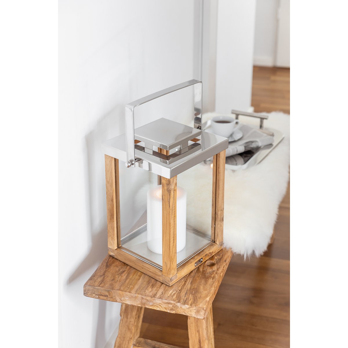 EDZARD lantern Miami with foldable handle, wood and stainless steel shiny nickel-plated, height 45.5 cm