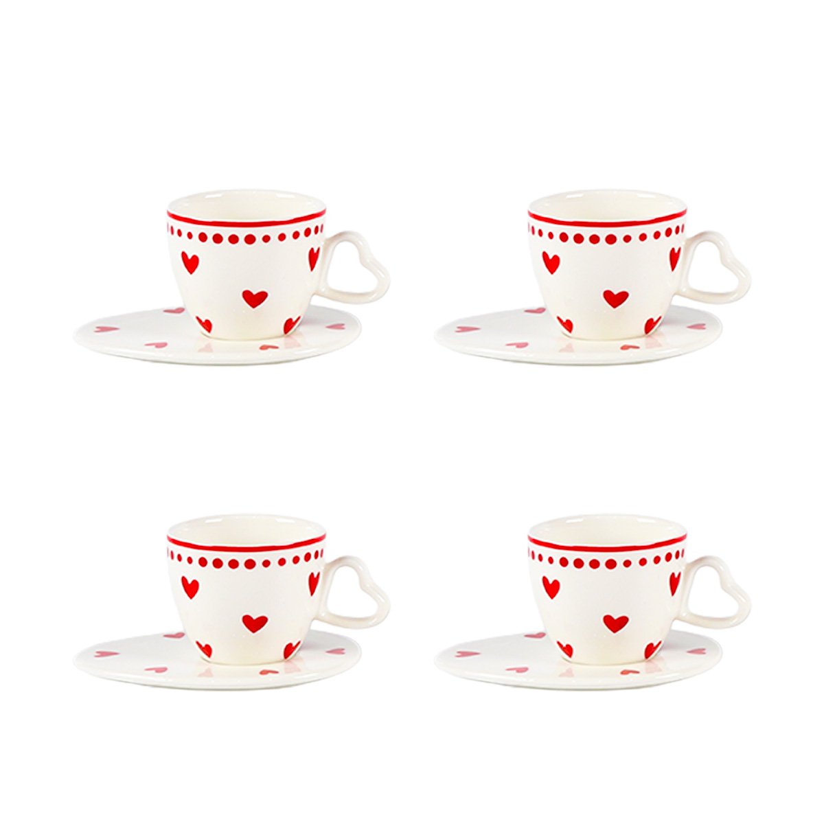 Heart coffee cups and saucers - set of 4