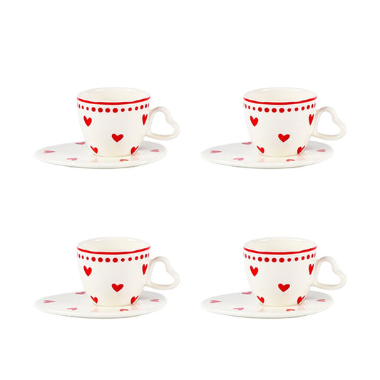 Kaffekoppar och fat i hjärtform – set om 4