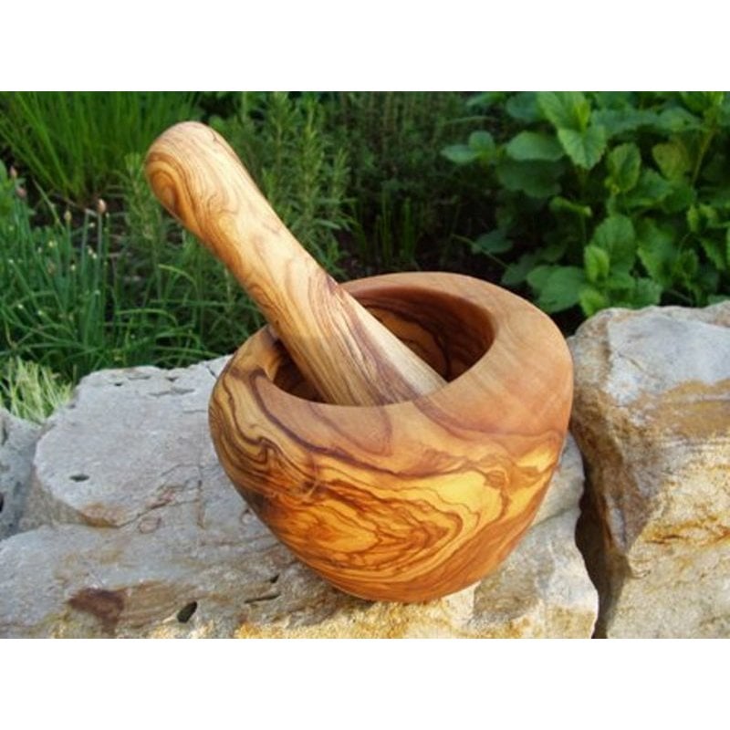 Round mortar (approx. 12 cm diameter) including pestle made of olive wood
