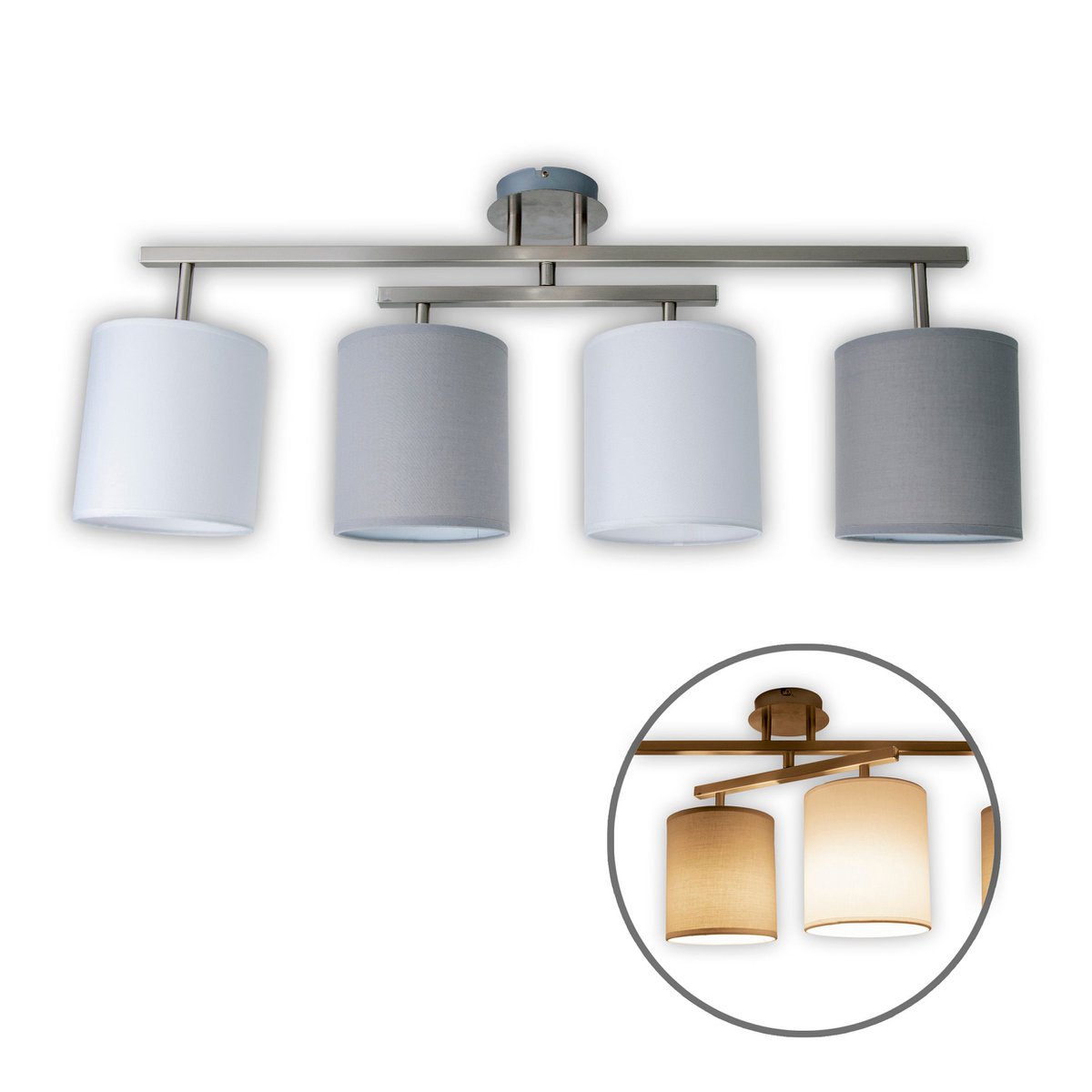 4 taklampa "Tilde", klassisk taklampa i metall och textil i grått med E27-sockel, 82 cm lång, skärmarna är justerbara, perfekt för vardagsrum, matsal och sovrum
