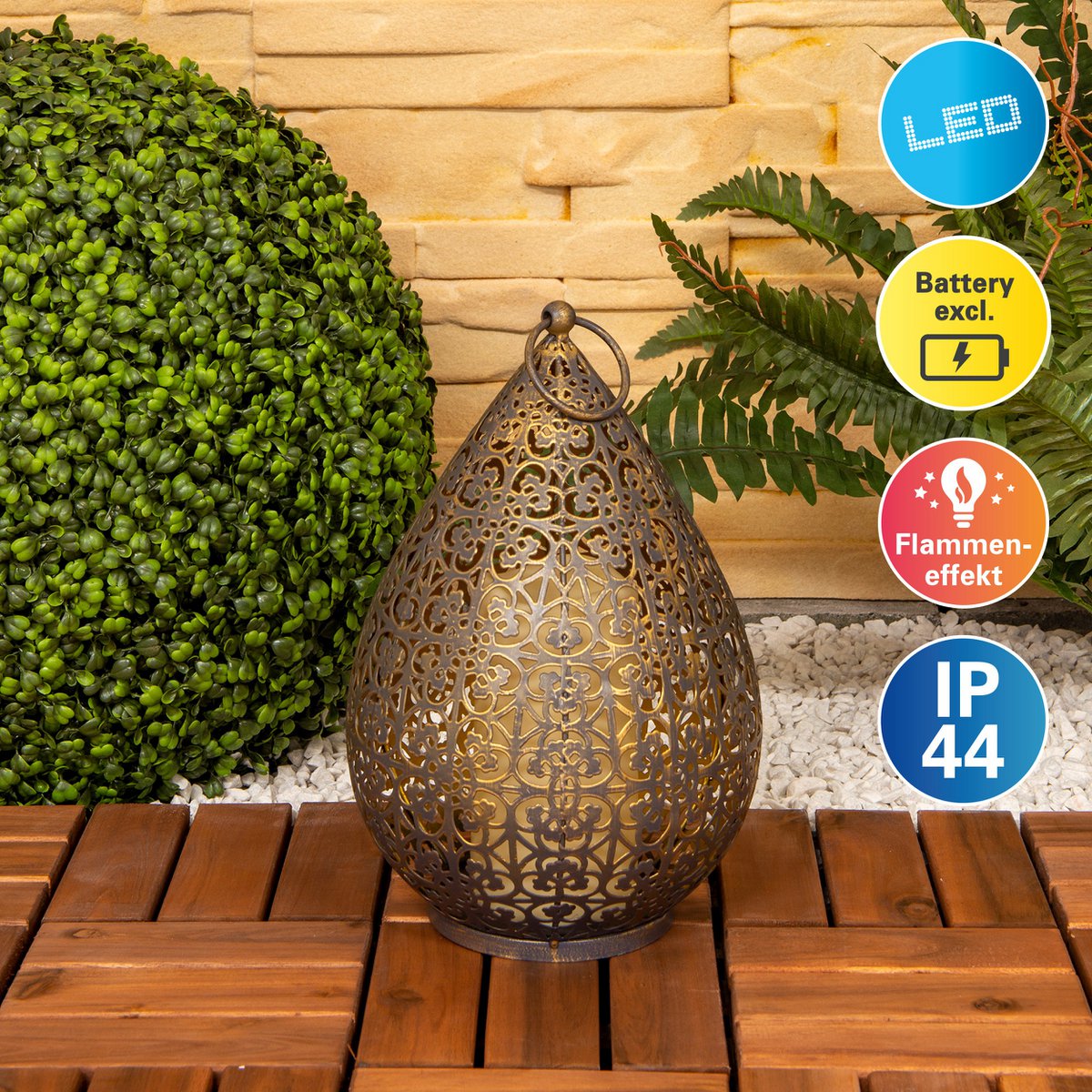 LED decol light 27.8 cm high in antique gold, for outside, made of metal and plastic, with integrated LED