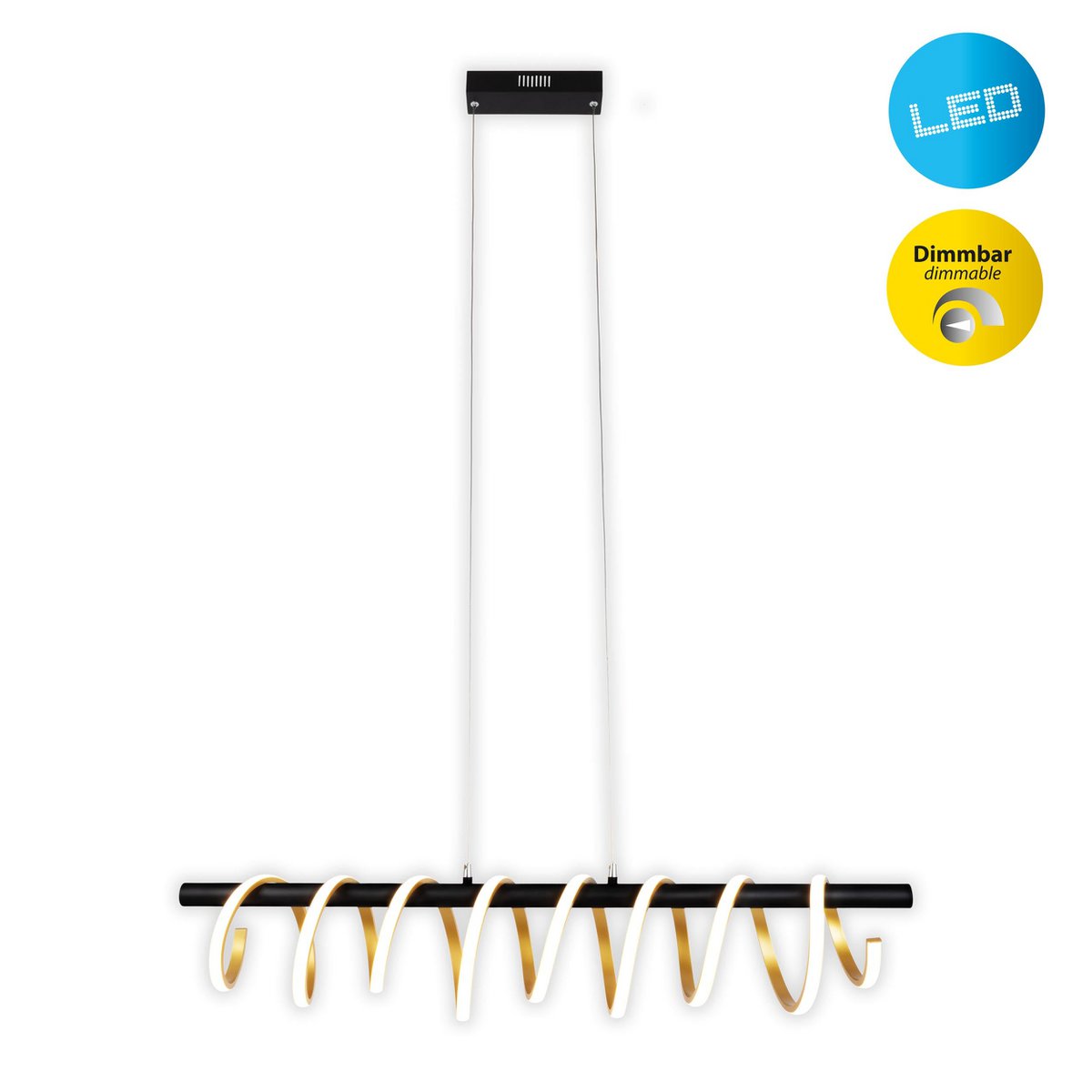 LED-pendellampa "BELLEZA", modern taklampa i metall och plast, svart, guld och vit, med fast monterade LED-lampor, 100 cm lång. Den idealiska belysningen för vardagsrummet, matsalen eller köket.