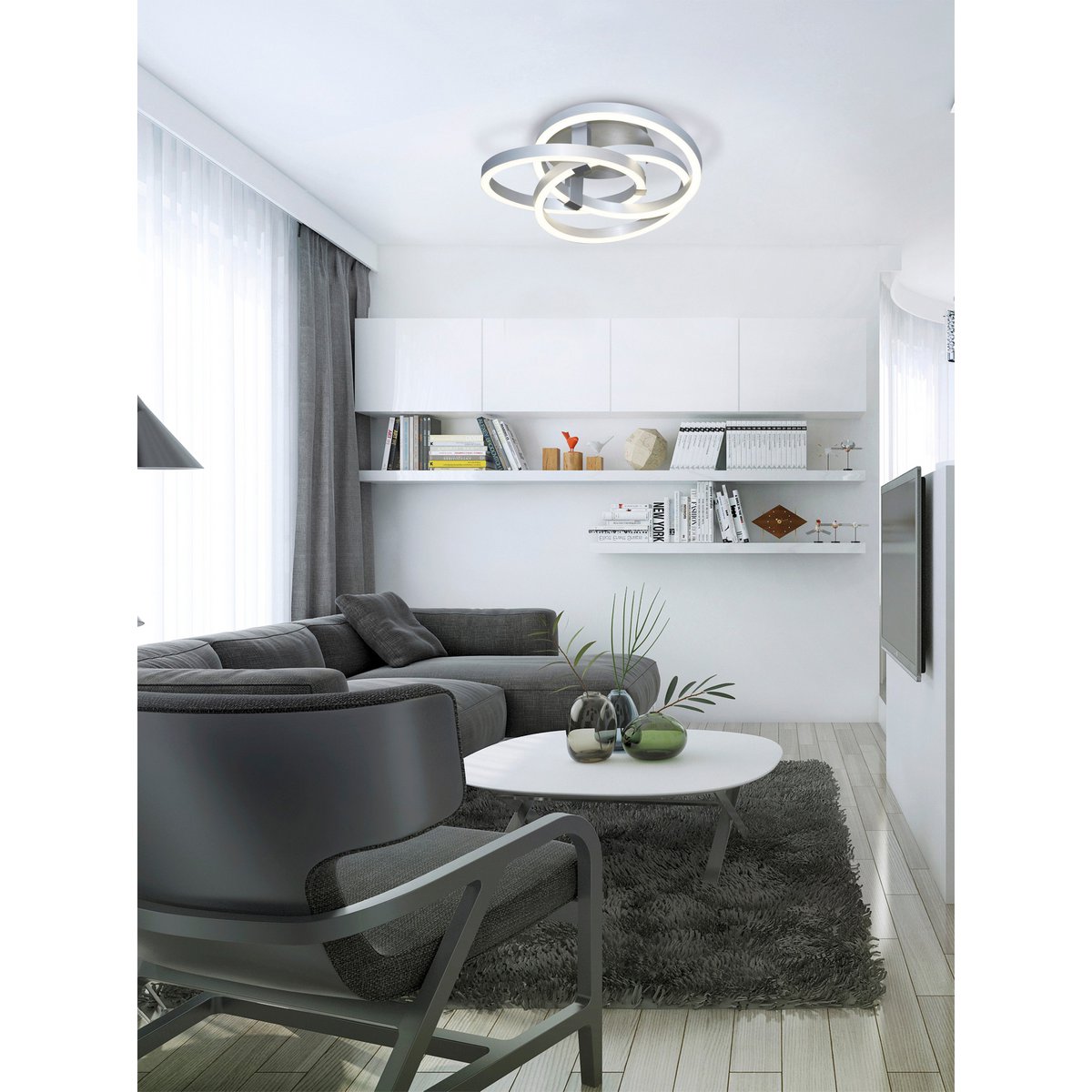Smart Home LED ceiling light "Divora" Ø 58cm, ceiling lamp made of metal, aluminum brushed and white plastic, with many functions, firmly built -in LEDs, lighting for living room, dining room office or hallway