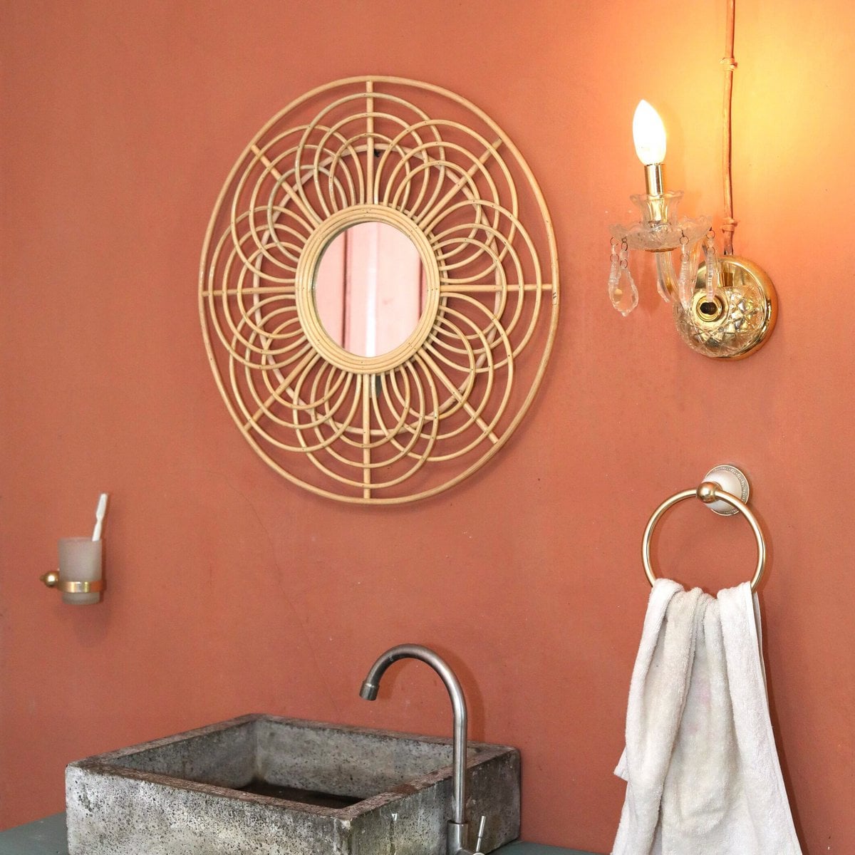 Round Rattan Mirror 58 cm | Handmade Boho Wall Mirror PUTUK