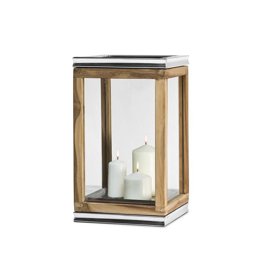 EDZARD lantern Dubai, teak and stainless steel, shiny nickel-plated, height 44 cm, weight 4.7 kg