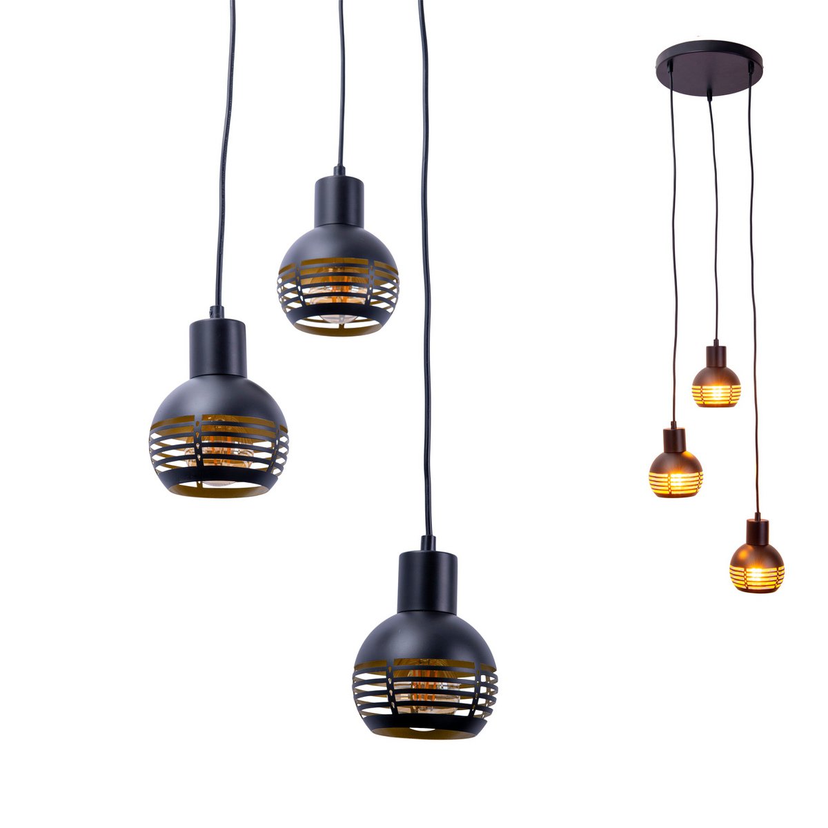 3-sits pendelarmatur "Casco" taklampa i metall i svart och guld, med E27-socklar. Stilren belysning för vardagsrum, matsal eller kök.
